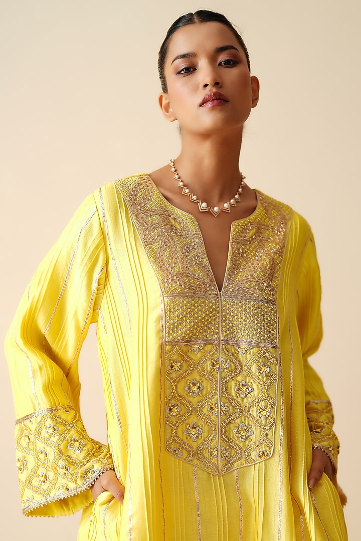 Yellow Pure Chanderi Silk Embellished Kurta Set by Zari Dorie at Pernia's Pop Up Shop