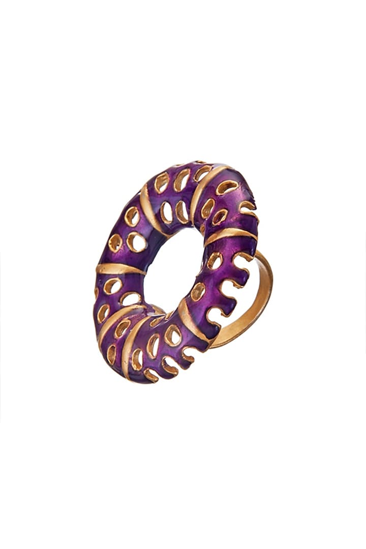 Gold Finish Purple Enameled Ring by Zariin