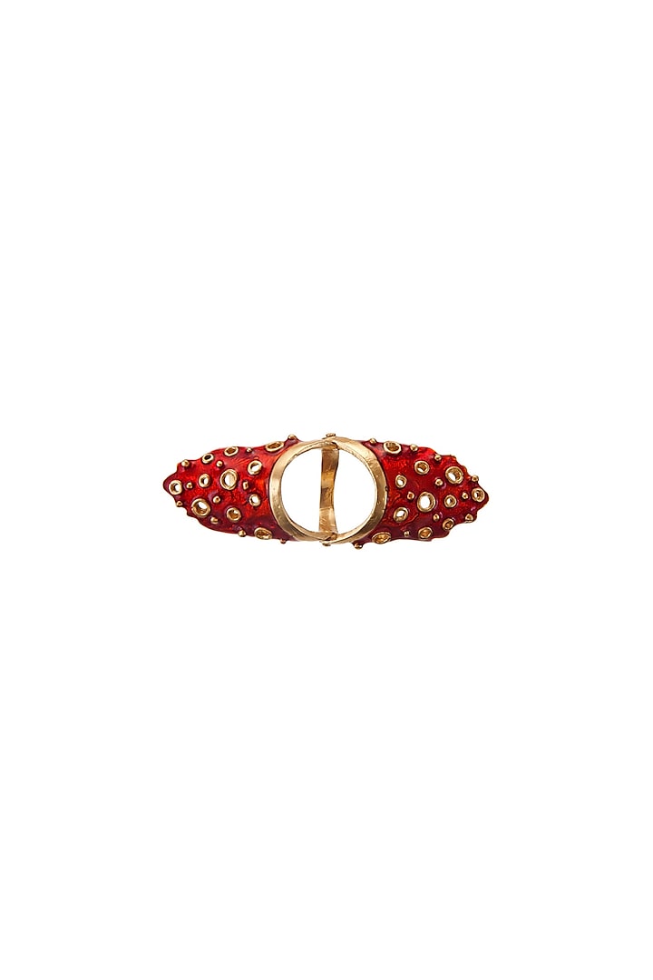 Gold Finish Red Enameled Ring by Zariin