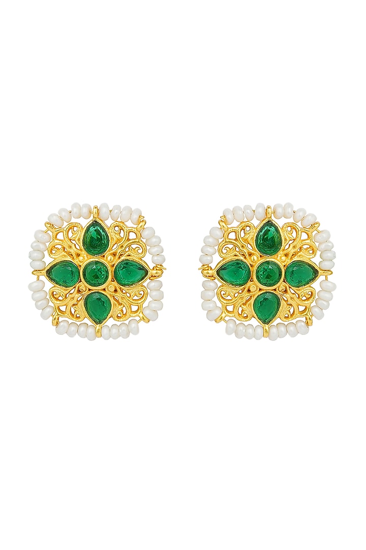 Gold Plated Green Cz & Pearl Beaded Stud Earrings by Zariin at Pernia's Pop Up Shop