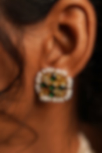 Gold Plated Green Cz & Pearl Beaded Stud Earrings by Zariin at Pernia's Pop Up Shop
