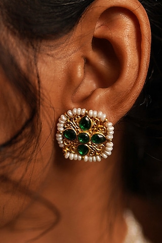 Gold Plated Green Cz & Pearl Beaded Stud Earrings by Zariin