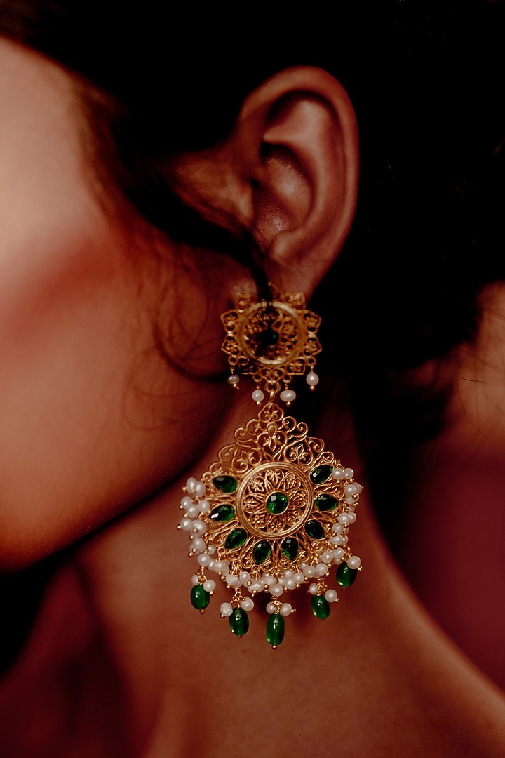 Gold Plated Green Cz Dangler Earrings by Zariin at Pernia's Pop Up Shop