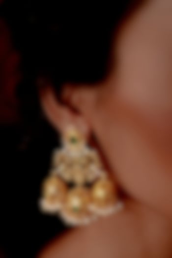 Gold Plated Green Cz & Pearl Beaded Earrings by Zariin