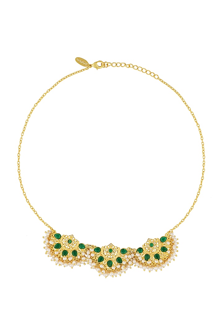 Gold Plated Green Cz & Pearl Beaded Necklace by Zariin at Pernia's Pop Up Shop