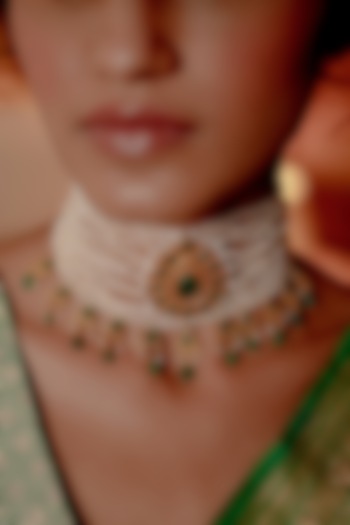 Gold Plated Green Onyx & Pearl Beaded Choker Necklace by Zariin