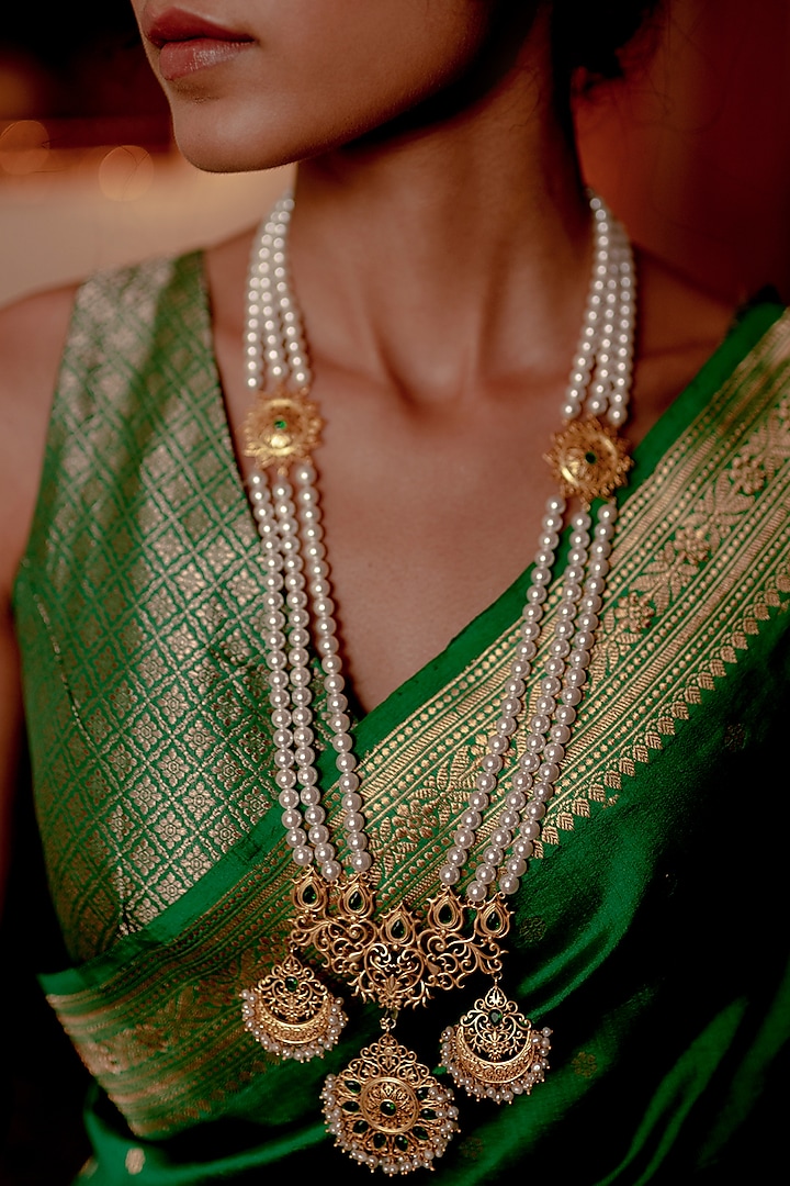 Gold Plated Pearl Beaded Long Necklace by Zariin