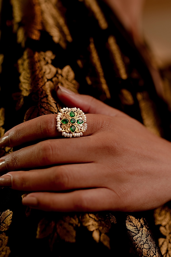 Gold Plated Green Cz & Pearl Beaded Ring by Zariin