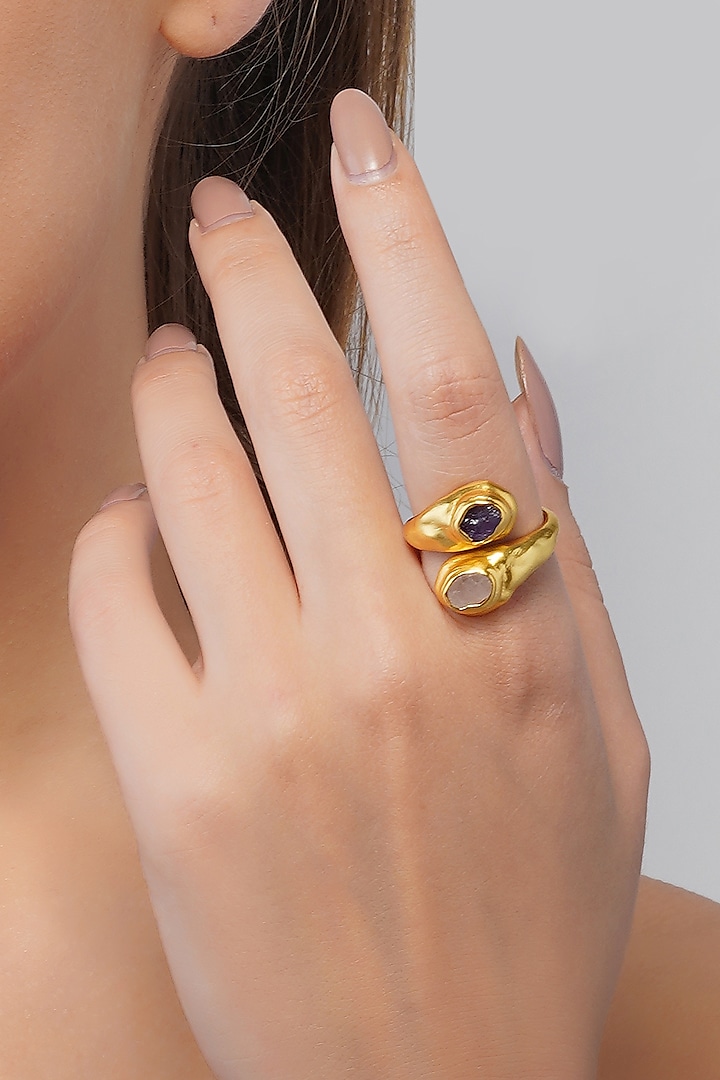 Gold Plated Rose Quartz & Amethyst Ring by Zariin