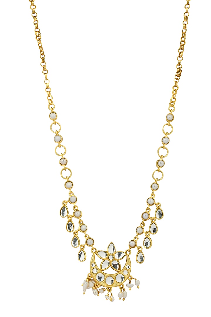 Gold Plated Mirror Polki Drops & Freshwater Pearl Necklace by Zariin at Pernia's Pop Up Shop