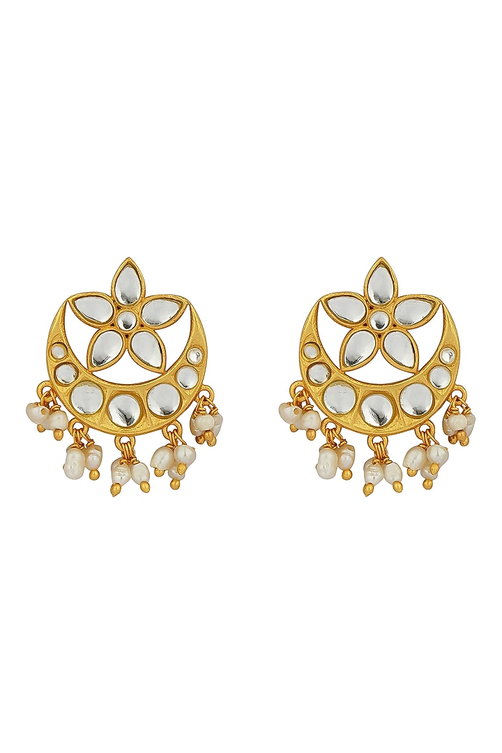 Gold Plated Mirror Polki & Freshwater Pearl Drops Stud Earrings by Zariin at Pernia's Pop Up Shop