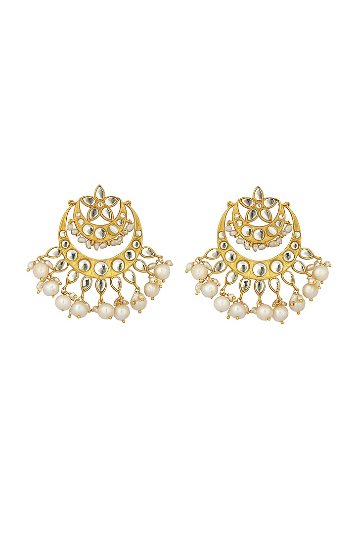 Gold Plated Mirror Polki & Freshwater Pearl Drops Stud Earrings by Zariin at Pernia's Pop Up Shop