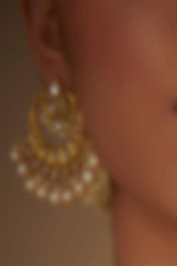 Gold Plated Mirror Polki & Freshwater Pearl Drops Stud Earrings by Zariin at Pernia's Pop Up Shop