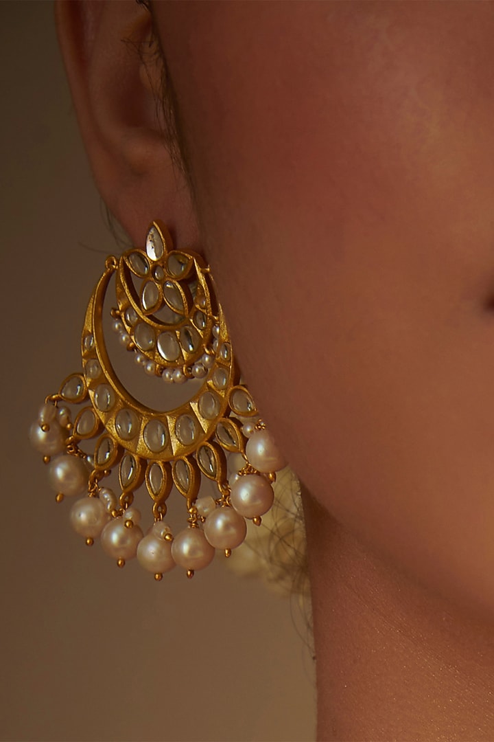 Gold Plated Mirror Polki & Freshwater Pearl Drops Stud Earrings by Zariin at Pernia's Pop Up Shop