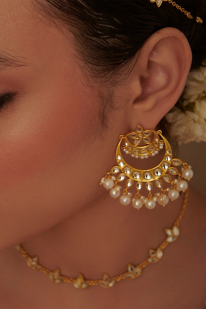 Gold Plated Mirror Polki & Freshwater Pearl Drops Stud Earrings by Zariin at Pernia's Pop Up Shop