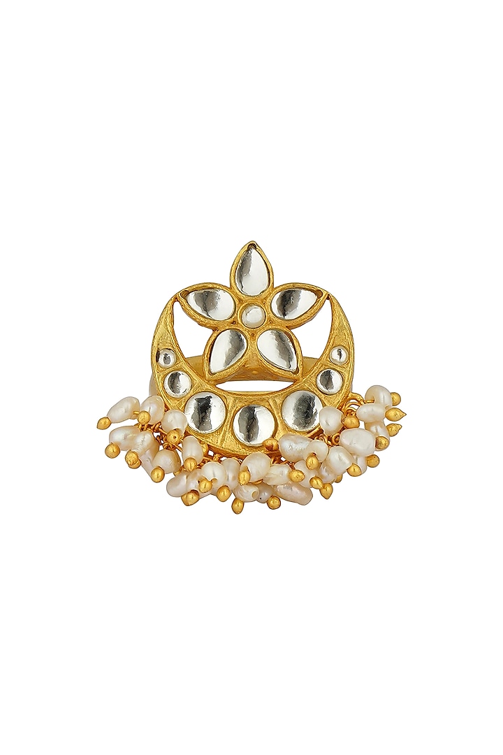 Gold Plated Mirror Polki & Freshwater Pearl Ring by Zariin