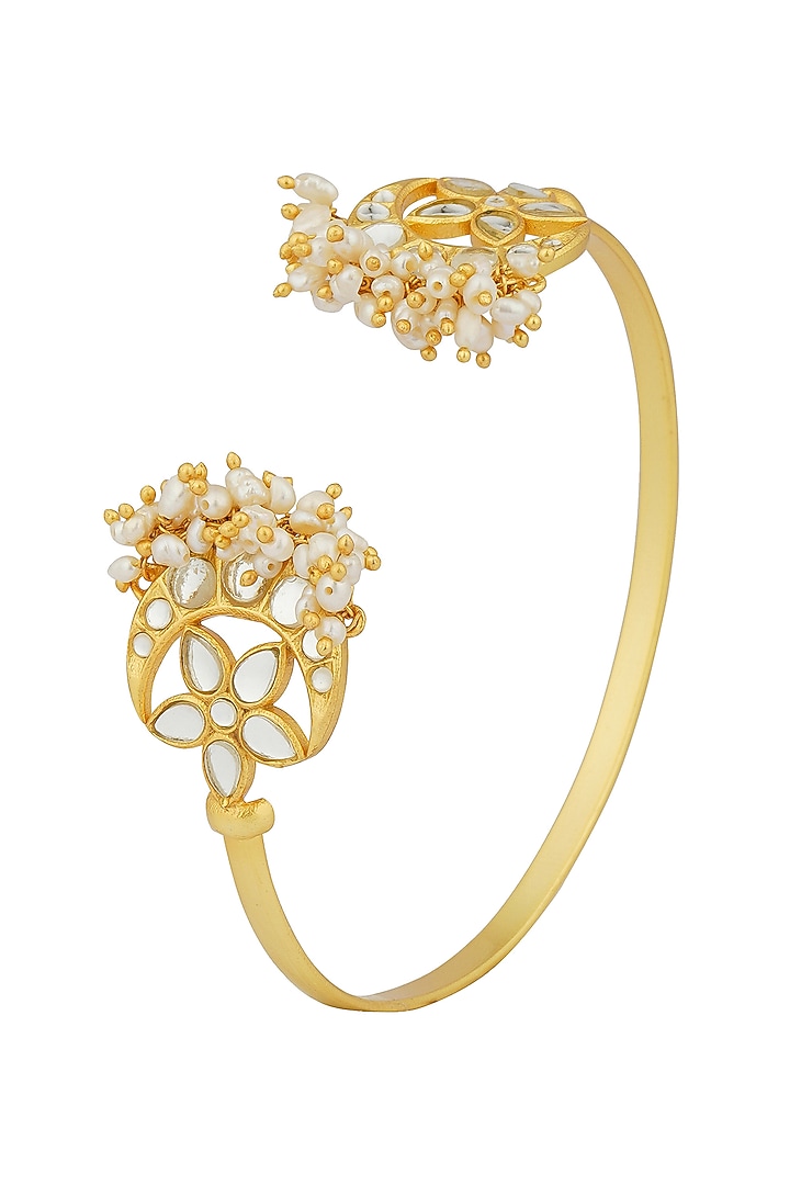 Gold Plated Mirror Polki & Freshwater Pearl Cuff Bracelet by Zariin at Pernia's Pop Up Shop