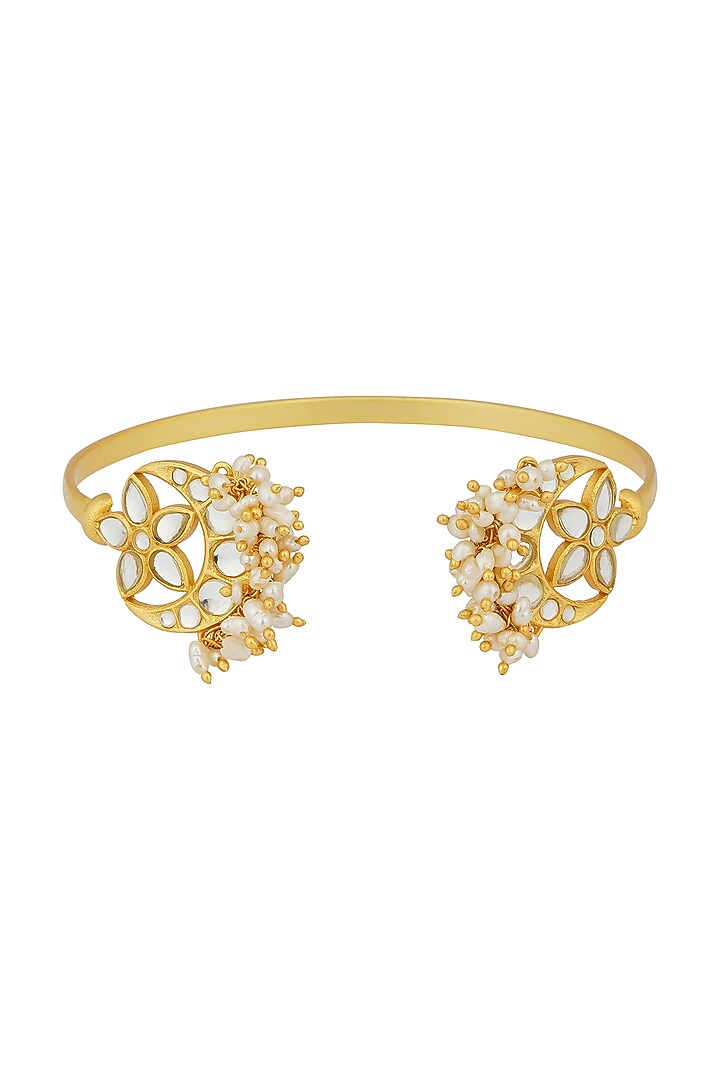 Gold Plated Mirror Polki & Freshwater Pearl Cuff Bracelet by Zariin at Pernia's Pop Up Shop