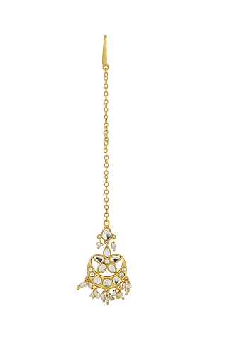 Gold Plated Mirror Polki & Freshwater Pearl Maang Tikka by Zariin