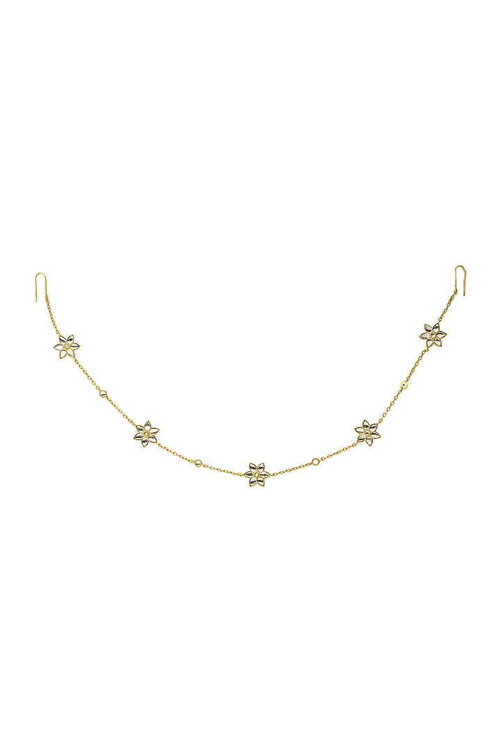 Gold Finish Mirror Polki & Freshwater Pearl Floral Mathapatti by Zariin at Pernia's Pop Up Shop