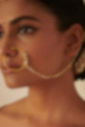 Gold Finish Mirror Polki & Pearl Chain Nose Ring by Zariin