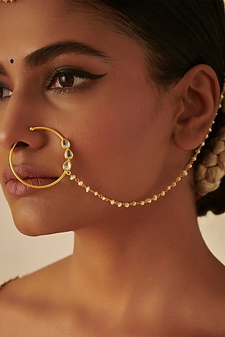 Gold Finish Mirror Polki & Pearl Chain Nose Ring by Zariin