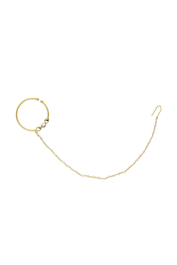 Gold Finish Mirror Polki & Pearl Chain Nose Ring by Zariin at Pernia's Pop Up Shop