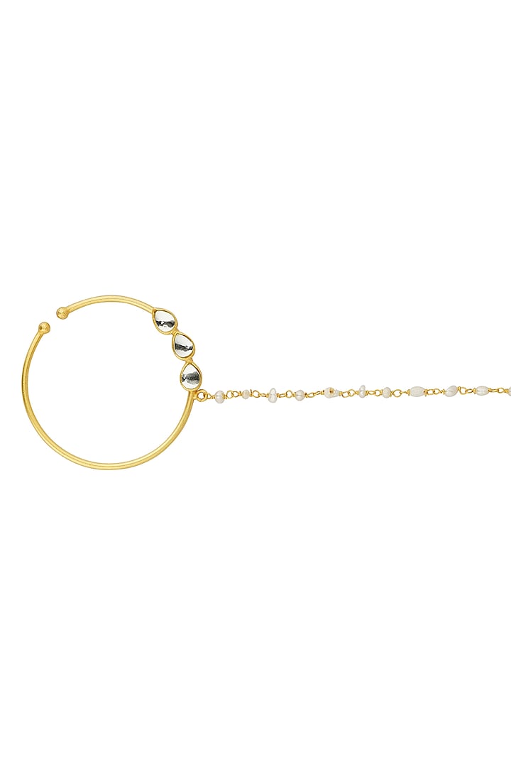 Gold Finish Mirror Polki & Pearl Chain Nose Ring by Zariin at Pernia's Pop Up Shop