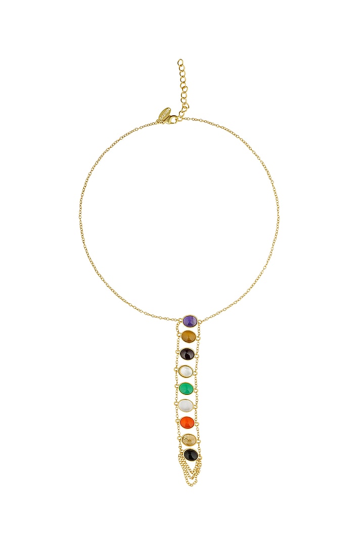 Gold Finish Navratna Stone Lariat Necklace by Zariin at Pernia's Pop Up Shop