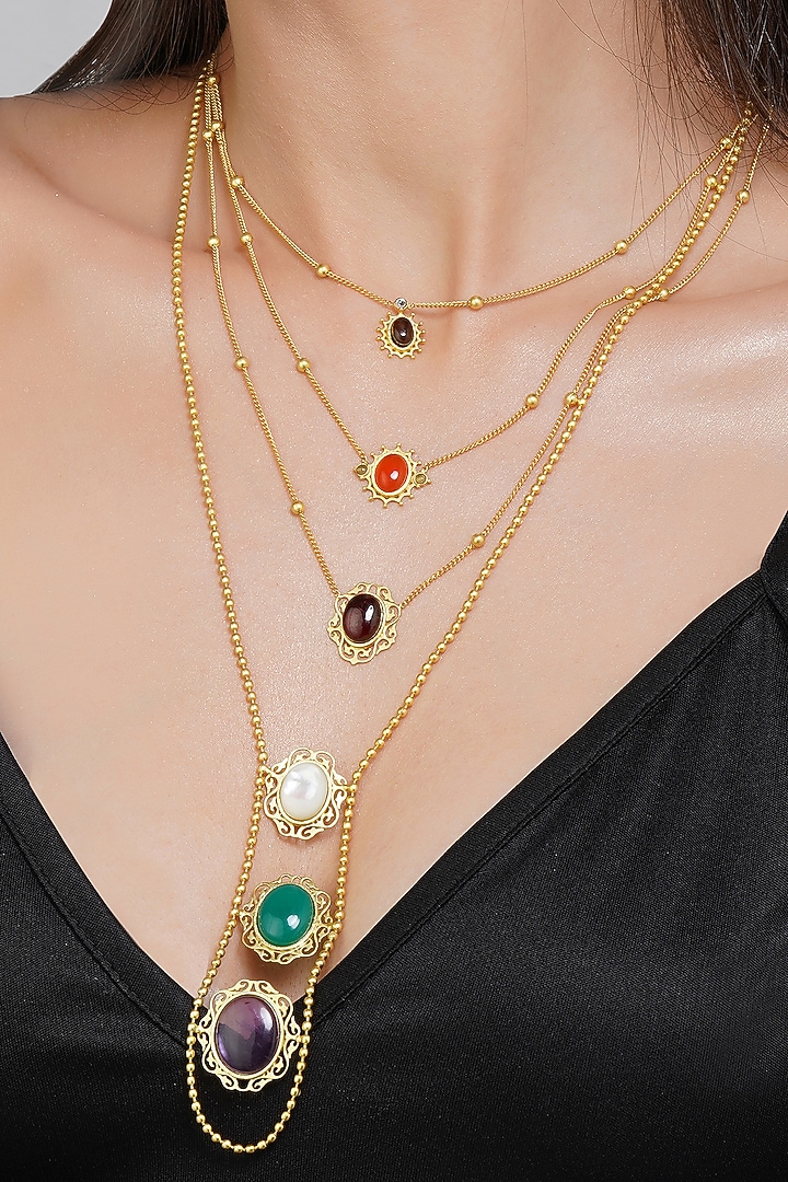 Gold Finish Navratna Stone Layered Necklace by Zariin at Pernia's Pop Up Shop