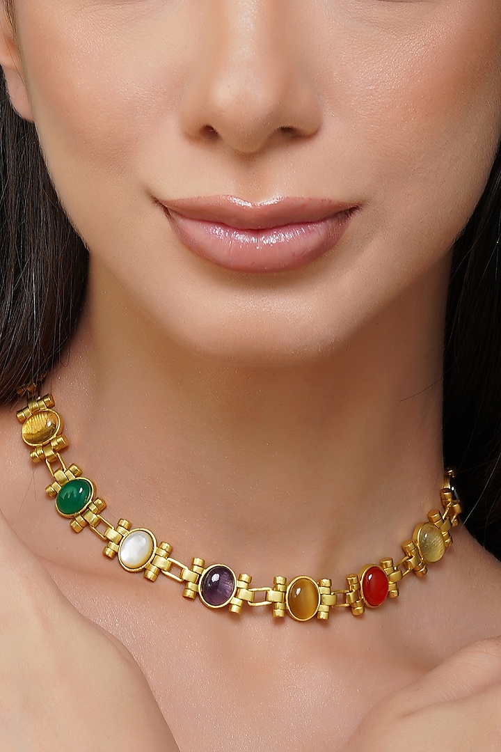 Gold Finish Navratna Stone Choker Necklace by Zariin