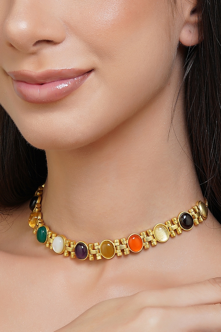 Gold Finish Navratna Stone Necklace by Zariin