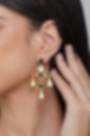 Gold Finish Navratna Stone Dangler Earrings by Zariin