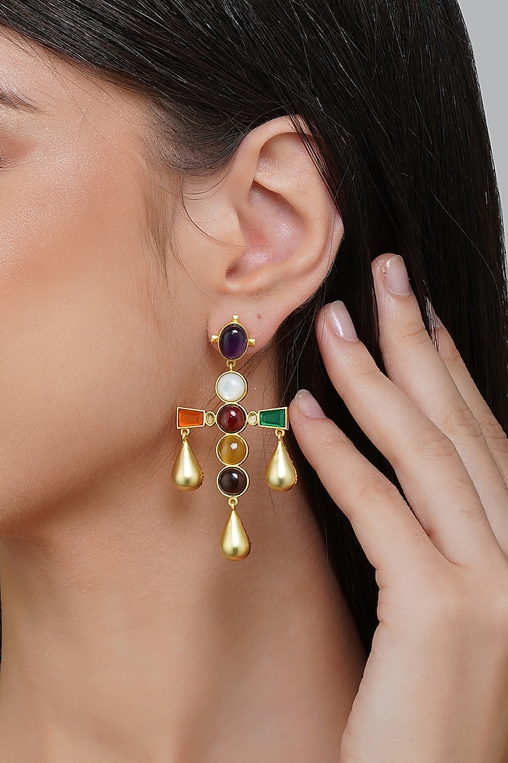 Gold Finish Navratna Stone Dangler Earrings by Zariin