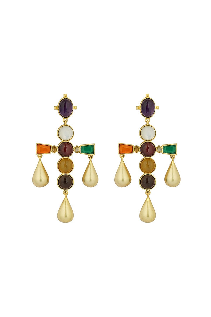 Gold Finish Navratna Stone Dangler Earrings by Zariin at Pernia's Pop Up Shop