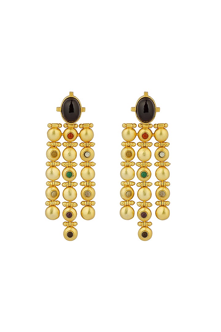 Gold Finish Navratna Stone Dangler Earrings by Zariin at Pernia's Pop Up Shop