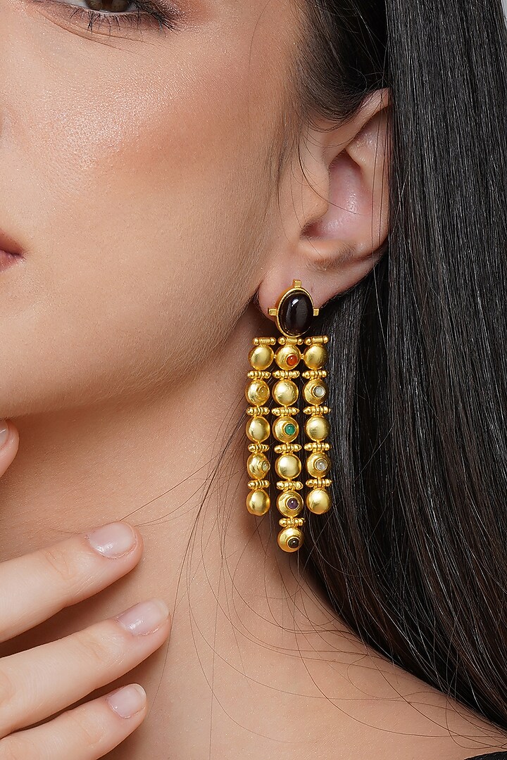 Gold Finish Navratna Stone Dangler Earrings by Zariin at Pernia's Pop Up Shop