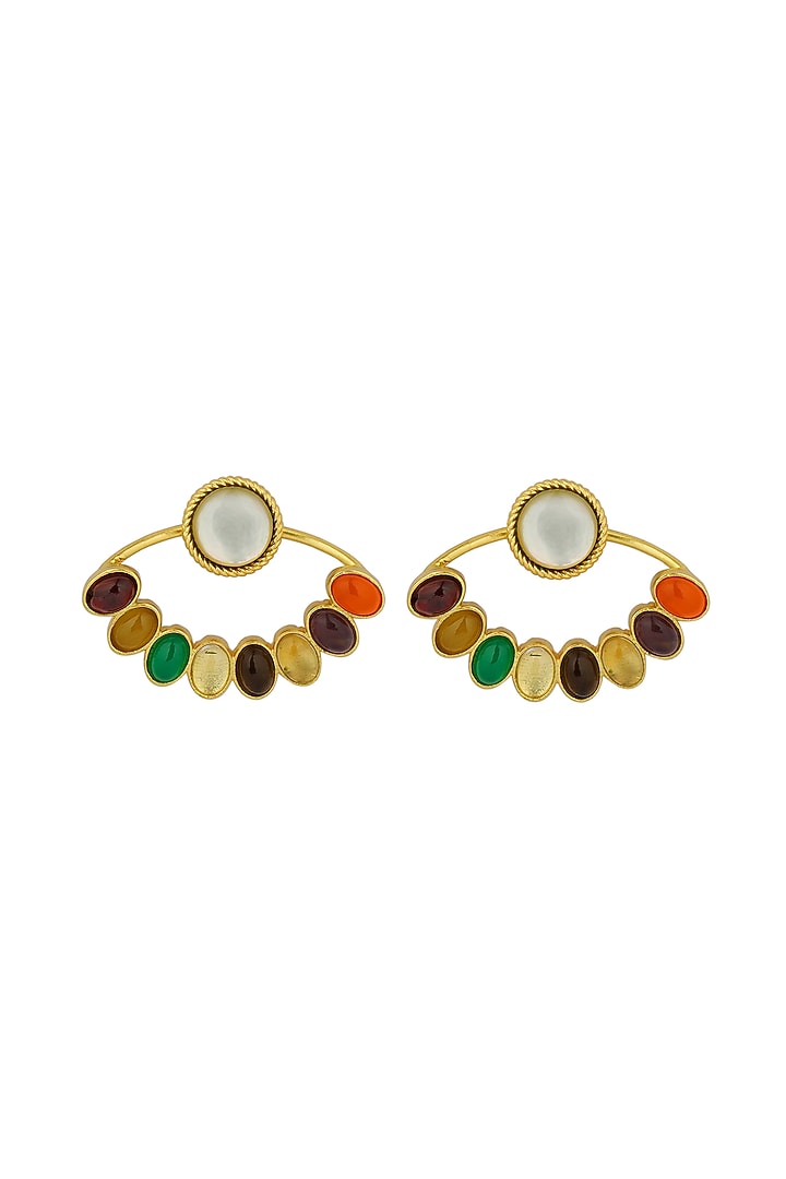 Gold Finish Navratna Stone Stud Earrings by Zariin at Pernia's Pop Up Shop