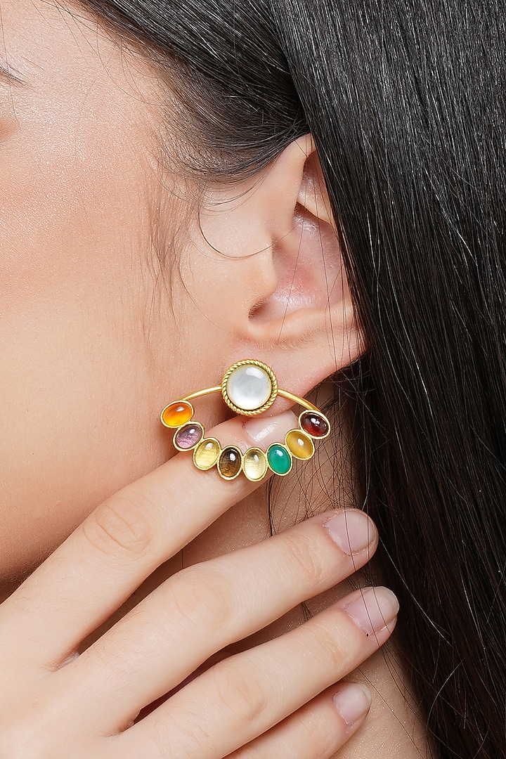Gold Finish Navratna Stone Stud Earrings by Zariin at Pernia's Pop Up Shop