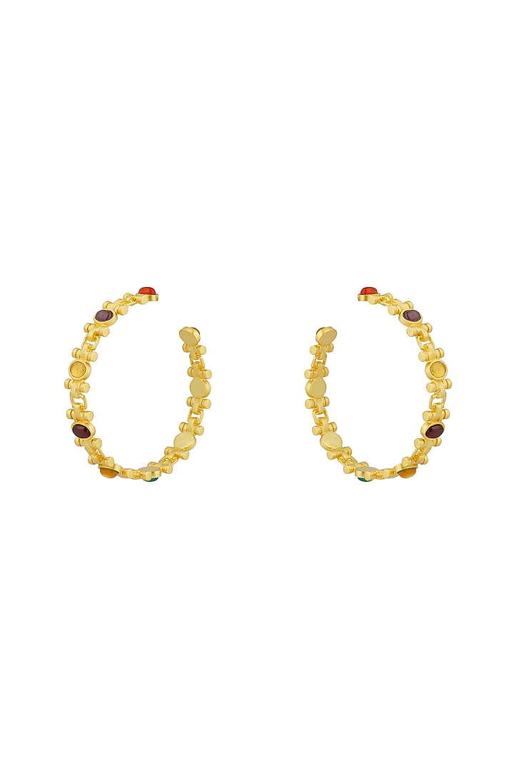 Gold Finish Navratna Stone Hoop Earrings by Zariin at Pernia's Pop Up Shop