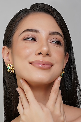 Gold Finish Navratna Stone Stud Earrings by Zariin