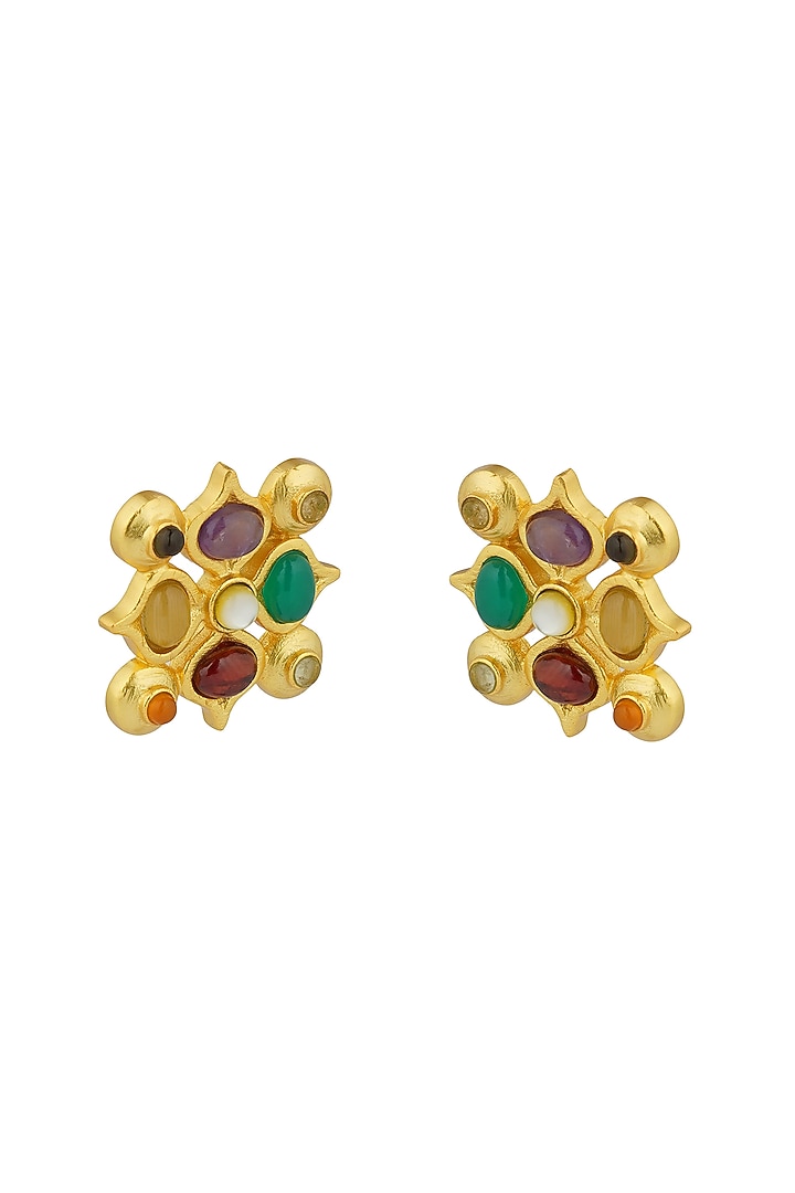 Gold Finish Navratna Stone Stud Earrings by Zariin at Pernia's Pop Up Shop