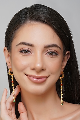 Gold Finish Navratna Stone Dangler Earrings by Zariin