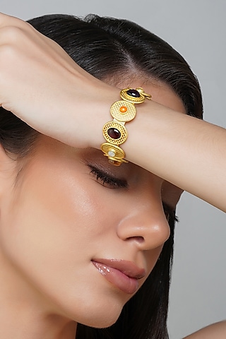 Gold Finish Navratna Stone Cuff Bracelet by Zariin