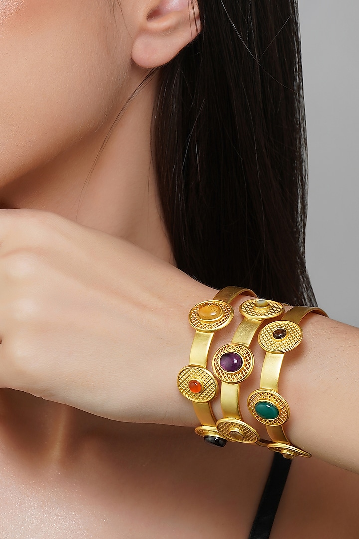 Gold Finish Navratna Stone Cuff Bracelet by Zariin
