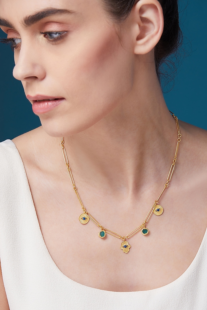 Gold Plated Green Chalcedony Necklace by Zariin