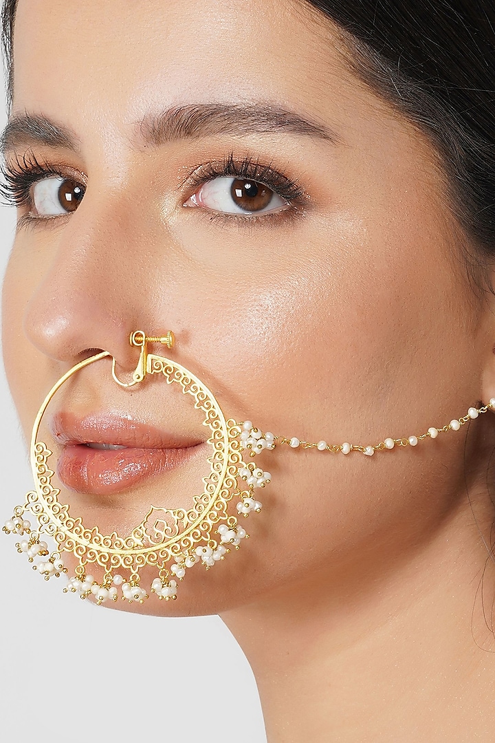 Gold Plated White Pearl Nose Ring by Zariin