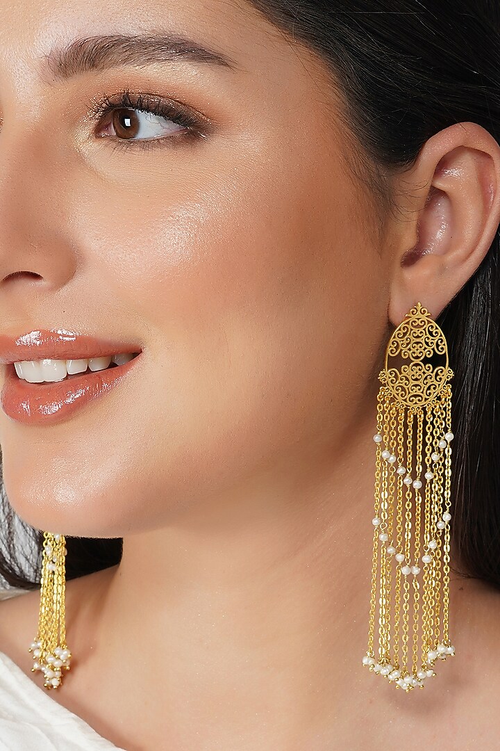 Gold Plated White Pearls Dangler Earrings by Zariin at Pernia's Pop Up Shop