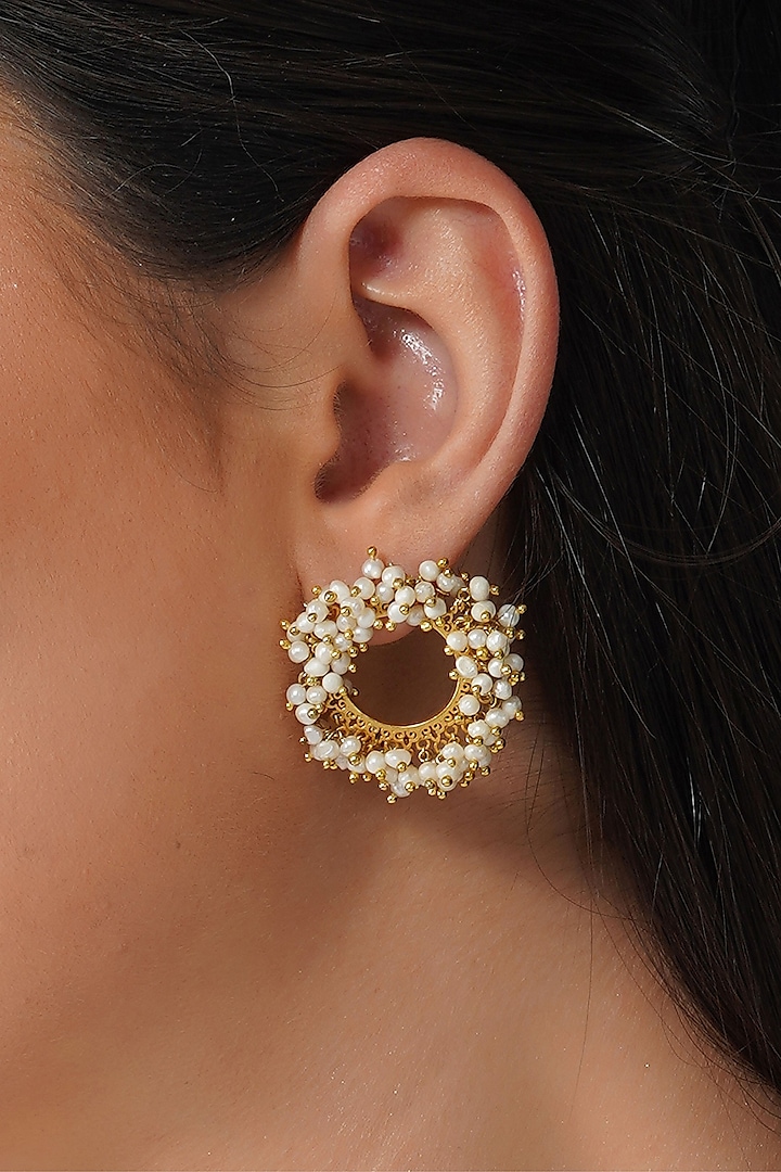 Gold Plated White Pearls Round Stud Earrings by Zariin