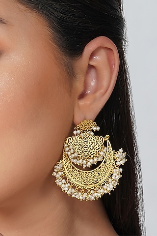 Gold Plated Pearls Drop Earrings by Zariin